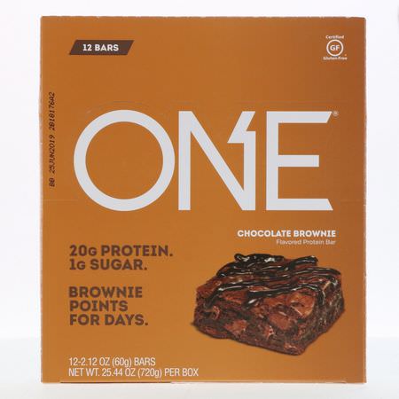 Mjölkproteinbarer, Vassleproteinbarer, Proteinbarer, Brownies: One Brands, One Bar, Chocolate Brownie, 12 Bars, 2.12 oz (60 g) Each