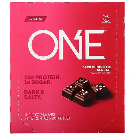 Mjölkproteinbarer, Vassleproteinbarer, Proteinbarer, Brownies: One Brands, One Bar, Dark Chocolate Sea Salt, 12 Bars, 2.12 oz (60 g) Each