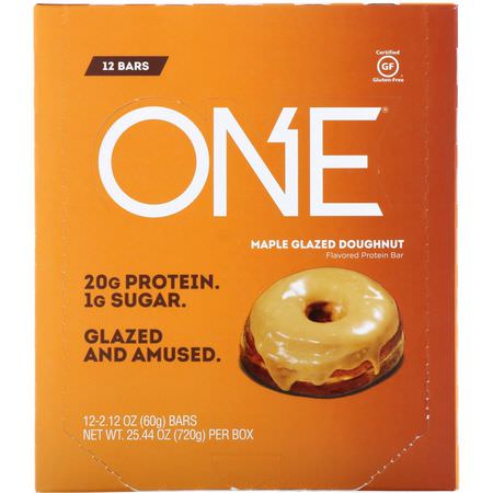 Mjölkproteinbarer, Vassleproteinbarer, Proteinbarer, Brownies: One Brands, One Bar, Maple Glazed Doughnut, 12 Bars, 2.12 oz (60 g) Each