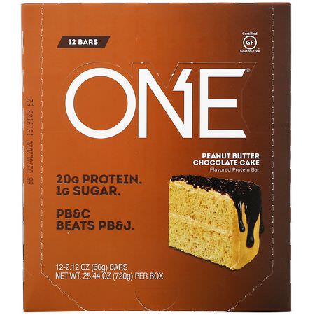 Mjölkproteinbarer, Vassleproteinbarer, Proteinbarer, Brownies: One Brands, One Bar, Peanut Butter Chocolate Cake, 12 Bars, 2.12 oz (60 g) Each