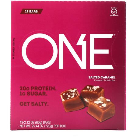 Mjölkproteinbarer, Vassleproteinbarer, Proteinbarer, Brownies: One Brands, One Bar, Salted Caramel, 12 Bars, 2.12 oz (60 g) Each
