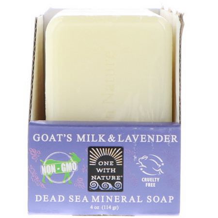 Bar Tvål, Dusch, Bad: One with Nature, Dead Sea Mineral Soap, Goat's Milk & Lavender, 6 Bars, 4 oz (114 g) Each