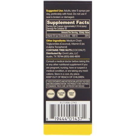 D3 Cholecalciferol, D-Vitamin, Vitaminer, Kosttillskott: Onnit, Vitamin D3 Spray, Unflavored, 1000 IU, 0.8 fl oz (24 ml)