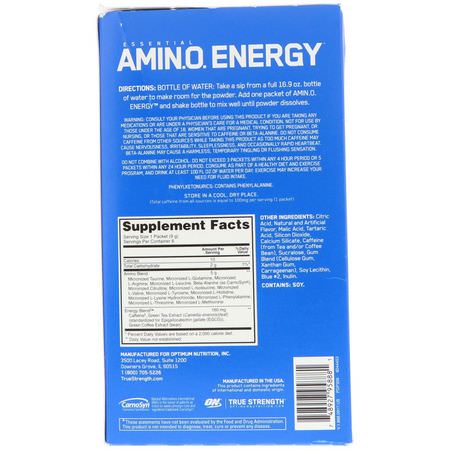 Bcaa, Aminosyror, Kosttillskott: Optimum Nutrition, Essential Amin.O. Energy, Blue Raspberry, 6 Stick Packets, 0.31 oz (9 g) Each