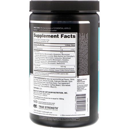 Koffein, Stimulerande, Kosttillskott Före Träning, Sportnäring: Optimum Nutrition, Essential Amin.O. Energy, Blueberry Mojito Flavor, 9.5 oz (270 g)