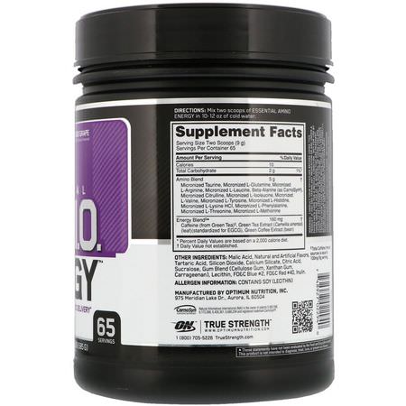 Koffein, Stimulerande, Kompletterande Träning, Sportnäring: Optimum Nutrition, Essential Amin.O. Energy, Concord Grape, 1.29 lbs (585 g)