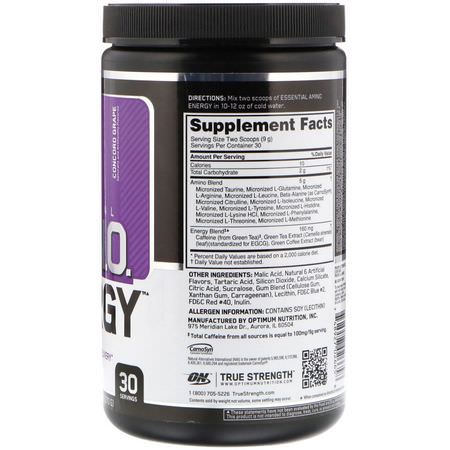 Koffein, Stimulerande, Kosttillskott Före Träning, Sportnäring: Optimum Nutrition, Essential Amin.O. Energy, Concord Grape, 9.5 oz (270 g)