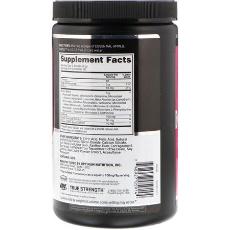 Bcaa, Aminosyror, Kosttillskott, Koffein: Optimum Nutrition, Essential Amin.O. Energy, Juicy Strawberry Burst, 9.5 oz (270 g)