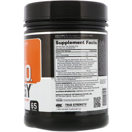 Koffein, Stimulerande, Kosttillskott Före Träning, Sportnäring: Optimum Nutrition, Essential Amin.O. Energy, Orange Cooler, 1.29 lbs (585 g)