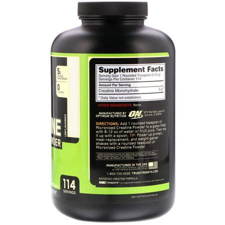 Kreatinmonohydrat, Mikroniserat Kreatin, Muskelbyggare: Optimum Nutrition, Micronized Creatine Powder, Unflavored, 1.32 lb (600 g)