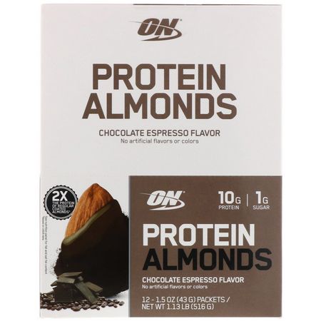 Mandel, Frön, Nötter, Protein Mellanmål: Optimum Nutrition, Protein Almonds, Chocolate Espresso, 12 Packets, 1.5 oz (43 g) Each