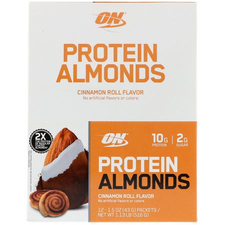 Mandel, Frön, Nötter, Protein Mellanmål: Optimum Nutrition, Protein Almonds, Cinnamon Roll, 12 Packets, 1.5 oz (43 g) Each
