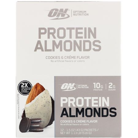 Mandlar, Frön, Nötter, Protein Mellanmål: Optimum Nutrition, Protein Almonds, Cookies & Creme, 12 Packets, 1.5 oz (43 g) Each