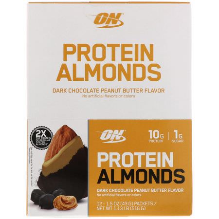 Mandel, Frön, Nötter, Protein Mellanmål: Optimum Nutrition, Protein Almonds, Dark Chocolate Peanut Butter, 12 Packets, 1.5 oz (43 g) Each