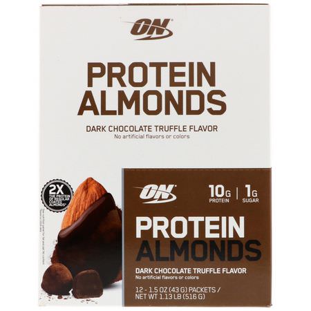 Mandel, Frön, Nötter, Protein Mellanmål: Optimum Nutrition, Protein Almonds, Dark Chocolate Truffle, 12 Packets, 1.5 oz (43 g) Each