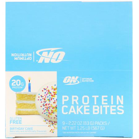 Protein Cake Bites, Protein Snacks, Brownies, Cookies: Optimum Nutrition, Protein Cake Bites, Birthday Cake, 9 Bars, 2.22 oz (63 g) Each