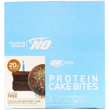 Protein Cake Bites, Protein Snacks, Brownies, Cookies: Optimum Nutrition, Protein Cake Bites, Chocolate Birthday Cake, 9 Bars, 2.29 oz (65 g) Each