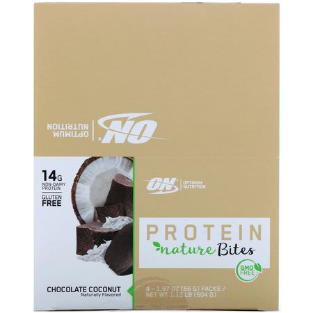 Proteinkakor, Protein Snacks, Brownies, Cookies: Optimum Nutrition, Protein Nature Bites, Chocolate Coconut, 9 Packs, 1.97 oz (56 g) Each