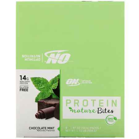 Proteinkakor, Protein Snacks, Brownies, Cookies: Optimum Nutrition, Protein Nature Bites, Chocolate Mint, 9 Packs, 1.97 oz (56 g) Each