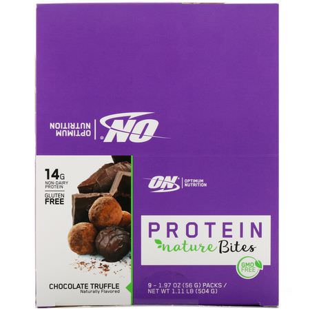 Proteinkakor, Proteinsnacks, Brownies, Kakor: Optimum Nutrition, Protein Nature Bites, Chocolate Truffle, 9 Packs, 1.97 oz (56 g) Each
