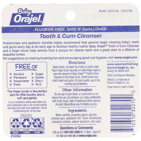 Fluorfri, Tandkräm, Bad, Gel: Orajel, Elmo Tooth & Gum Cleanser, 3-24 Months, Fluoride-Free, Fruity Fun, 0.7 oz (19.8 g)