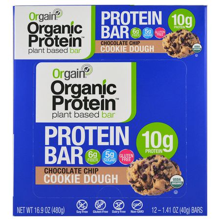 Växtbaserade Proteinbarer, Proteinbarer, Brownies, Kakor: Orgain, Organic Plant-Based Protein Bar, Chocolate Chip Cookie Dough, 12 Bars, 1.41 oz (40 g) Each