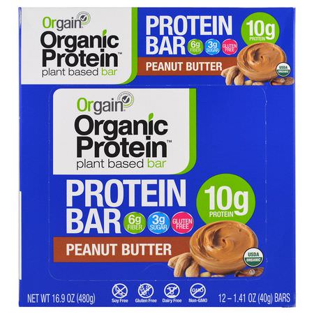 Växtbaserade Proteinbarer, Proteinbarer, Brownies, Kakor: Orgain, Organic Plant-Based Protein Bar, Peanut Butter, 12 Bars, 1.41 oz (40 g) Each