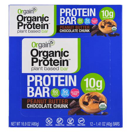 Växtbaserade Proteinstänger, Proteinstänger, Brownies, Kakor: Orgain, Organic Plant-Based Protein Bar, Peanut Butter Chocolate Chunk, 12 Bars, 1.41 oz (40 g) Each