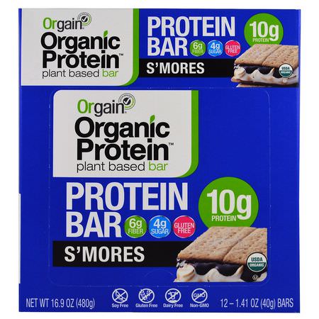 Växtbaserade Proteinbarer, Proteinbarer, Brownies, Kakor: Orgain, Organic Plant-Based Protein Bar, S'mores, 12 Bars, 1.41 oz (40 g) Each