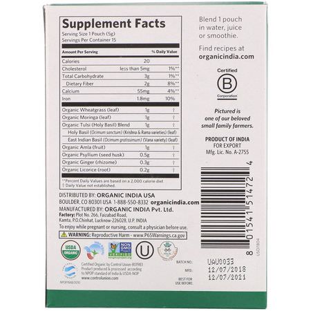 Örter, Homeopati, Örter, Gröna: Organic India, Tulsi Greens+ Lift, Superfood Blend, 15 Packs, 0.18 oz (5 g) Each