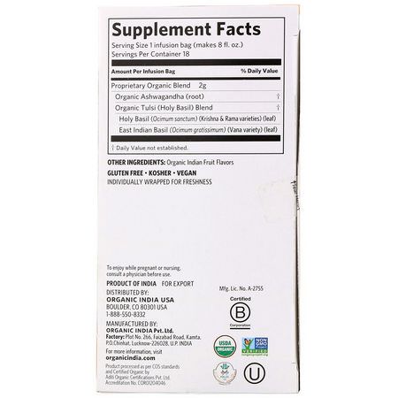 Ashwagandha, Adaptogens, Homeopati, Örter: Organic India, Tulsi Tea, Ashwagandha, Caffeine-Free, 18 Infusion Bags, 1.27 oz (36 g)