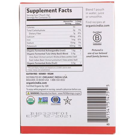 Örter, Homeopati, Örter: Organic India, Vital Lift, Fermented Adaptogens, 15 Packs, 0.1 oz (3 g) Each