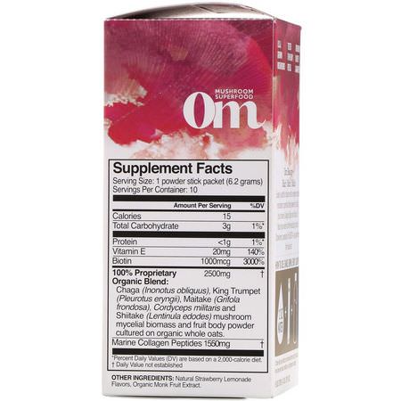 Kollagentillskott, Led, Ben, Svamp: Organic Mushroom Nutrition, Beauty+, Powered by Chaga + Collagen, Strawberry Lemonade, 10 Packets, 0.22 oz (6.2 g) Each