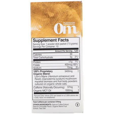 Mct-Olja, Vikt, Diet, Lions Mane: Organic Mushroom Nutrition, Brain Fuel+, Powered by Lion's Mane + MCT, Mocha, 10 Packets, 0.26 oz (7.5 g) Each