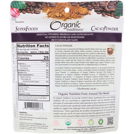 Cacao, Superfoods, Green, Supplements: Organic Traditions, Cacao Powder, 8 oz (227 g)