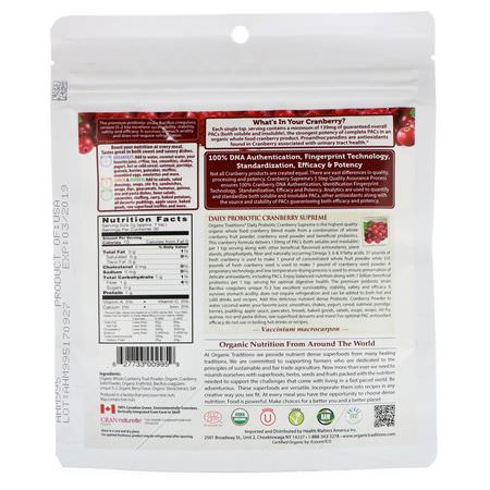Tranbär, Homeopati, Örter: Organic Traditions, Daily Probiotic Cranberry Supreme, 2.12 oz (60 g)
