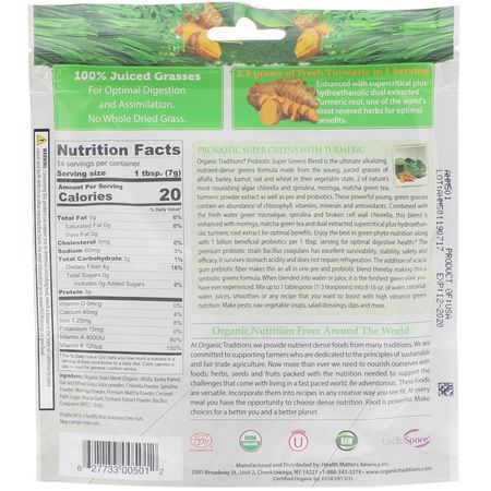 Gröna, Superfoods, Kosttillskott: Organic Traditions, Probiotic Super Greens with Turmeric, 3.5 oz (100 g)