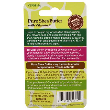 Eksem, Hudbehandling, Kroppssmör, Bad: Out of Africa, Pure Shea Butter with Vitamin E, Verbena, 0.5 oz (14.2 g)