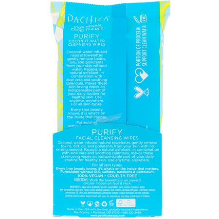Coconut Skin Care, Towelettes, Face Wipes, Scrub: Pacifica, Purify Facial Cleansing Wipes, All Skin Types, 30 Pre-Moistened Natural Towelettes