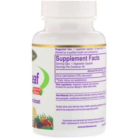 Influensa, Hosta, Förkylning, Kosttillskott: Paradise Herbs, Olive Leaf, 60 Vegetarian Capsules