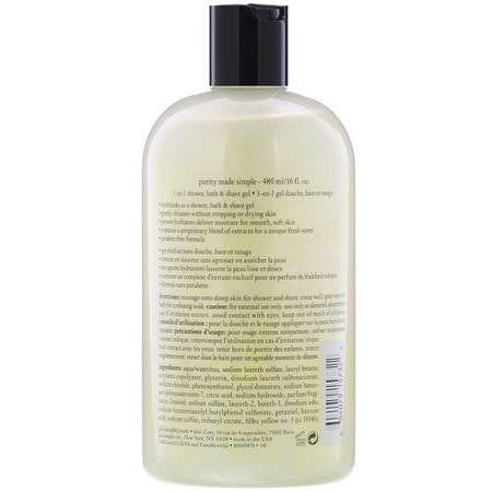 Rakkräm, Hårborttagning, Rakning, Tvål: Philosophy, Purity Made Simple, Body 3-in-1 Shower, Bath & Shave Gel, 16 fl oz (480 ml)