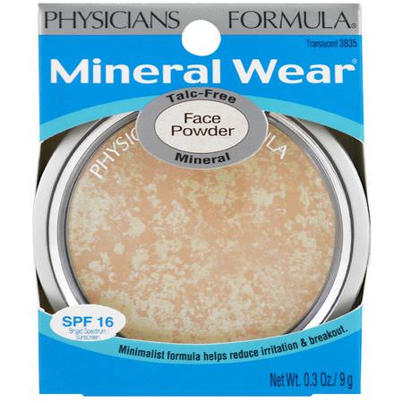 Pressat Pulver, Ansikte, Smink, Skönhet: Physicians Formula, Mineral Wear, Face Powder, SPF 16, Translucent, 0.3 oz (9 g)