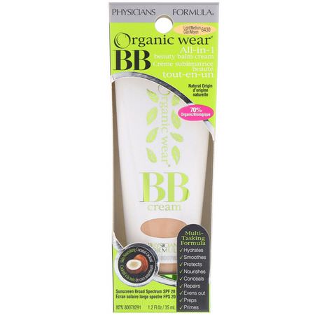 Bb - Cc-Krämer, Ansikte, Smink, Skönhet: Physicians Formula, Organic Wear, BB All-in-1 Beauty Balm Cream, SPF 20, Light/Medium, 1.2 fl oz (35 ml)