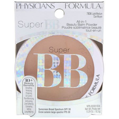 Pressat Pulver, Bb - Cc-Krämer, Ansikte, Smink: Physicians Formula, Super BB, All-in-1 Beauty Balm Powder, SPF 30, Light/Medium, 0.29 oz (8.3 g)