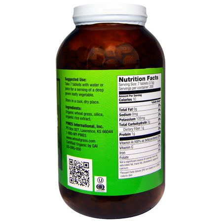 Vetegräs, Superfoods, Green, Supplements: Pines International, Organic Pines Wheat Grass, 500 mg, 1400 Tablets
