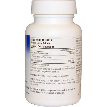 Lever, Kosttillskott, Mjölktistel Silymarin, Homeopati: Planetary Herbals, Milk Thistle Seed Extract, Full Spectrum, 260 mg, 60 Tablets