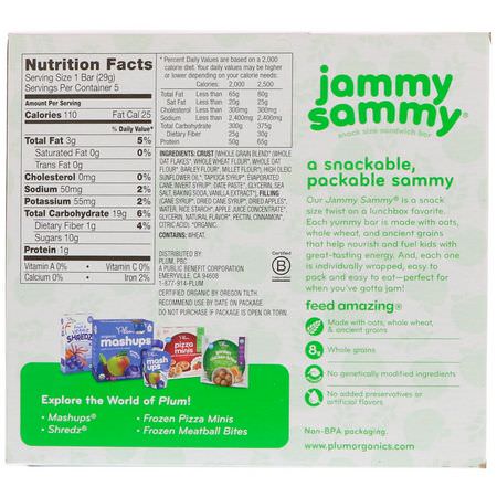 Fingermat, Barer, Mellanmål, Barnmatning: Plum Organics, Jammy Sammy, Apple Cinnamon & Oatmeal, 5 Bars, 1.02 oz (29 g) Each