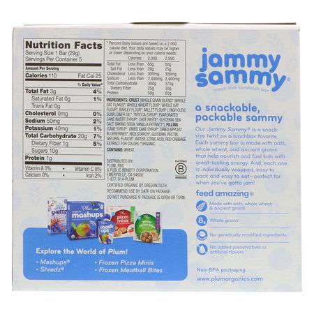 Fingermat, Barer, Mellanmål, Barnmatning: Plum Organics, Jammy Sammy, Blueberries & Oatmeal, 5 Bars, 1.02 oz (29 g) Each