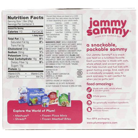 Fingermat, Barer, Mellanmål, Barnmatning: Plum Organics, Jammy Sammy, Peanut Butter & Grape, 5 Bars, 1.02 oz (29 g) Each