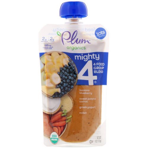 Plum Organics, Tots, Mighty 4, 4 Food Group Blend, Banana, Blueberry, Sweet Potato, Carrot, Greek Yogurt, Millet, 4 oz (113 g) Review